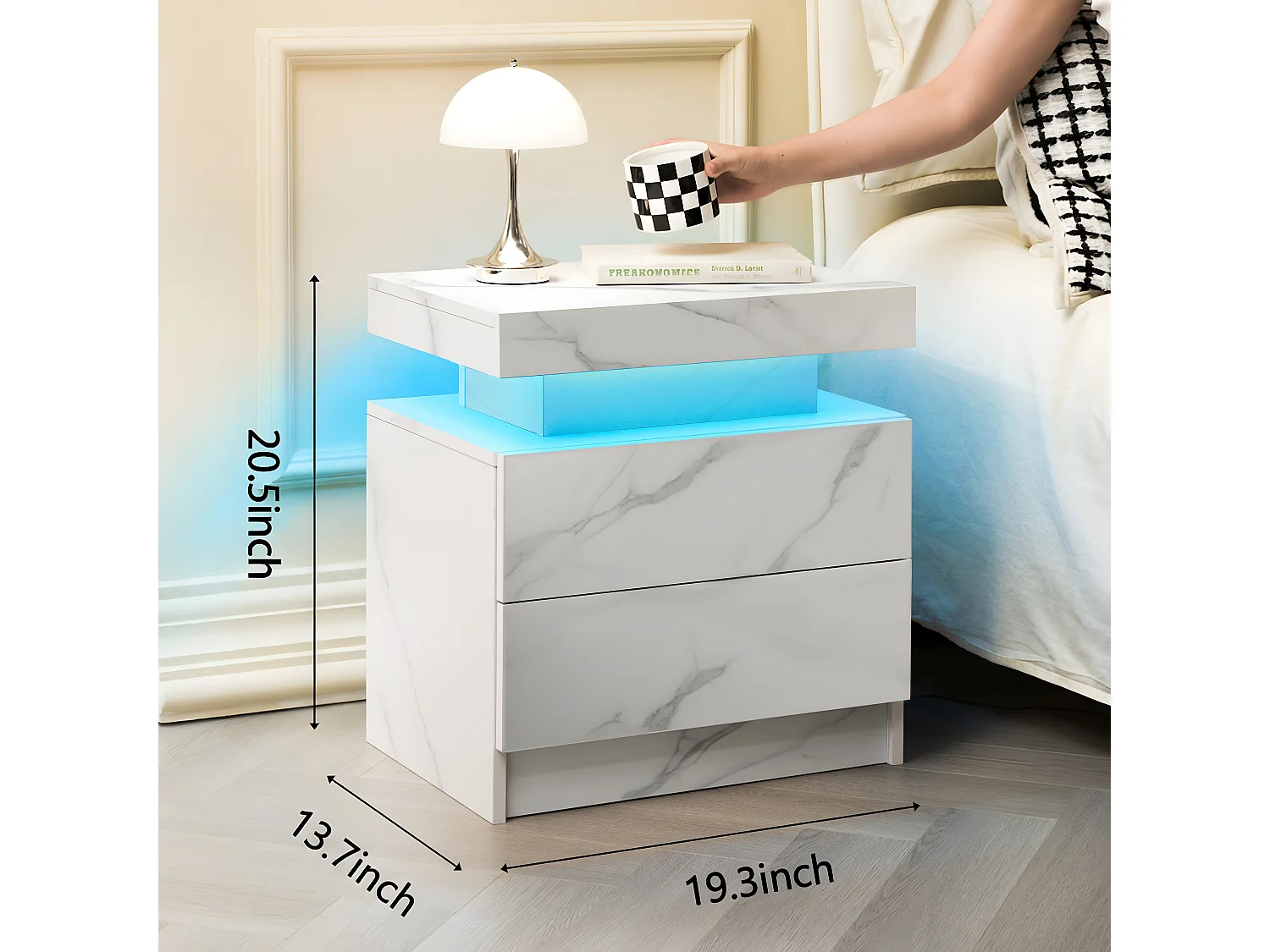 Table de chevet LED avec 2 tiroirs - Blanc en texture