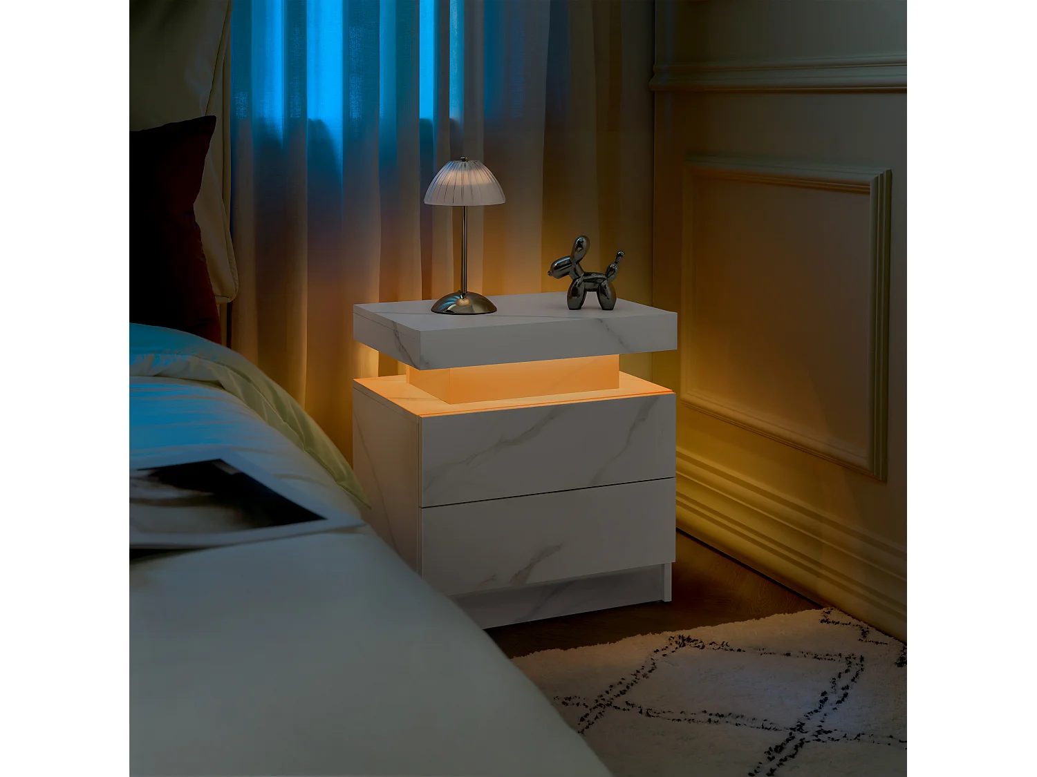 Table de chevet LED avec 2 tiroirs - Blanc en texture