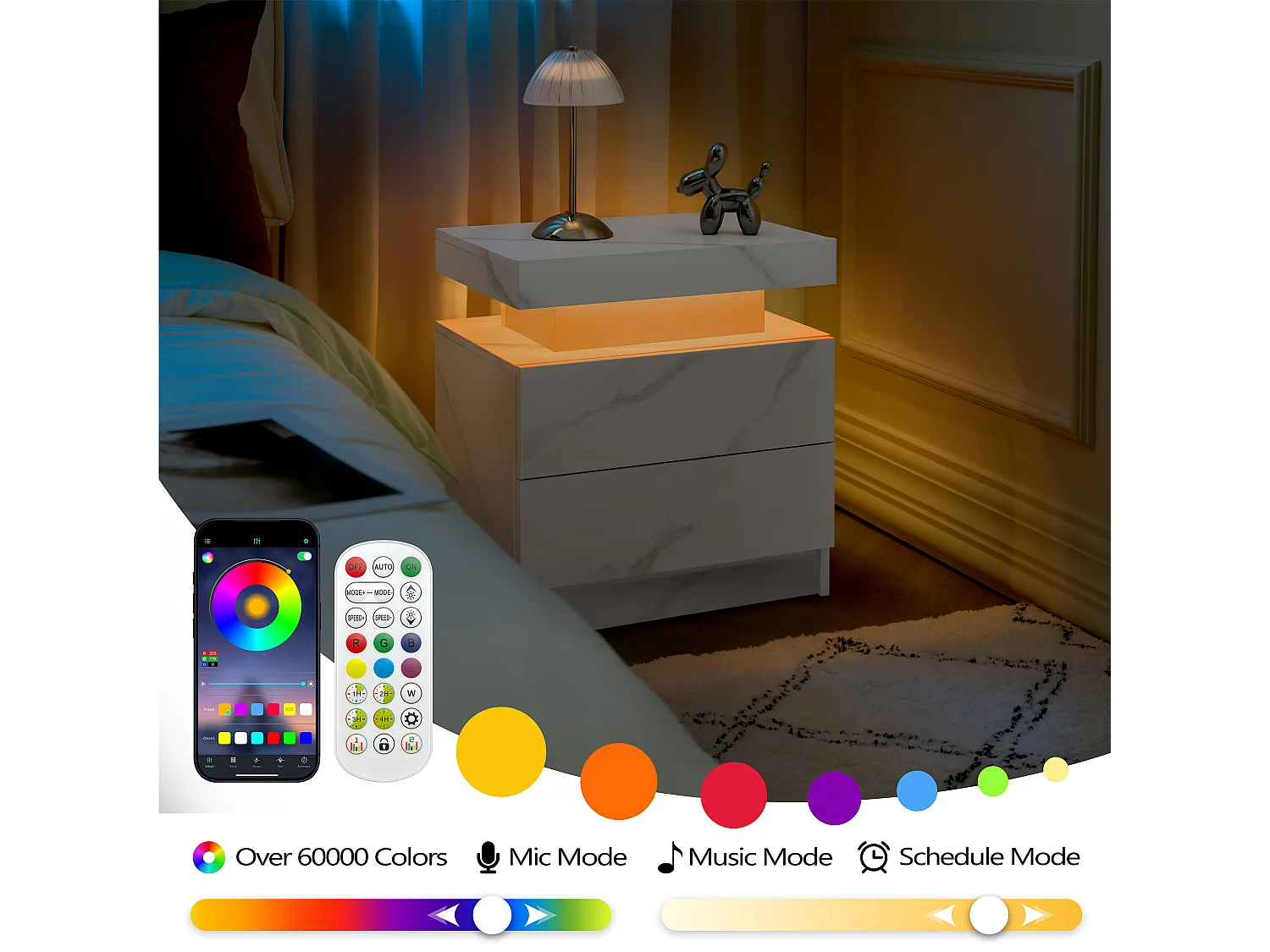 Table de chevet LED avec 2 tiroirs - Blanc en texture