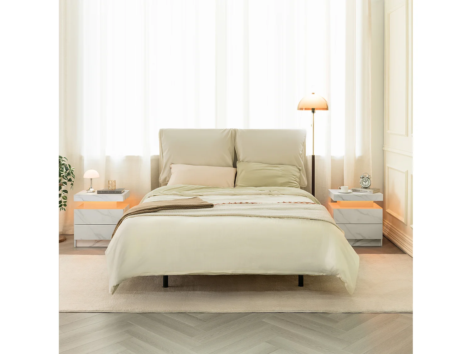 Table de chevet LED avec 2 tiroirs - Blanc en texture