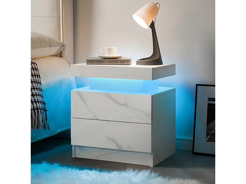 Table de chevet LED avec 2 tiroirs - Blanc en texture