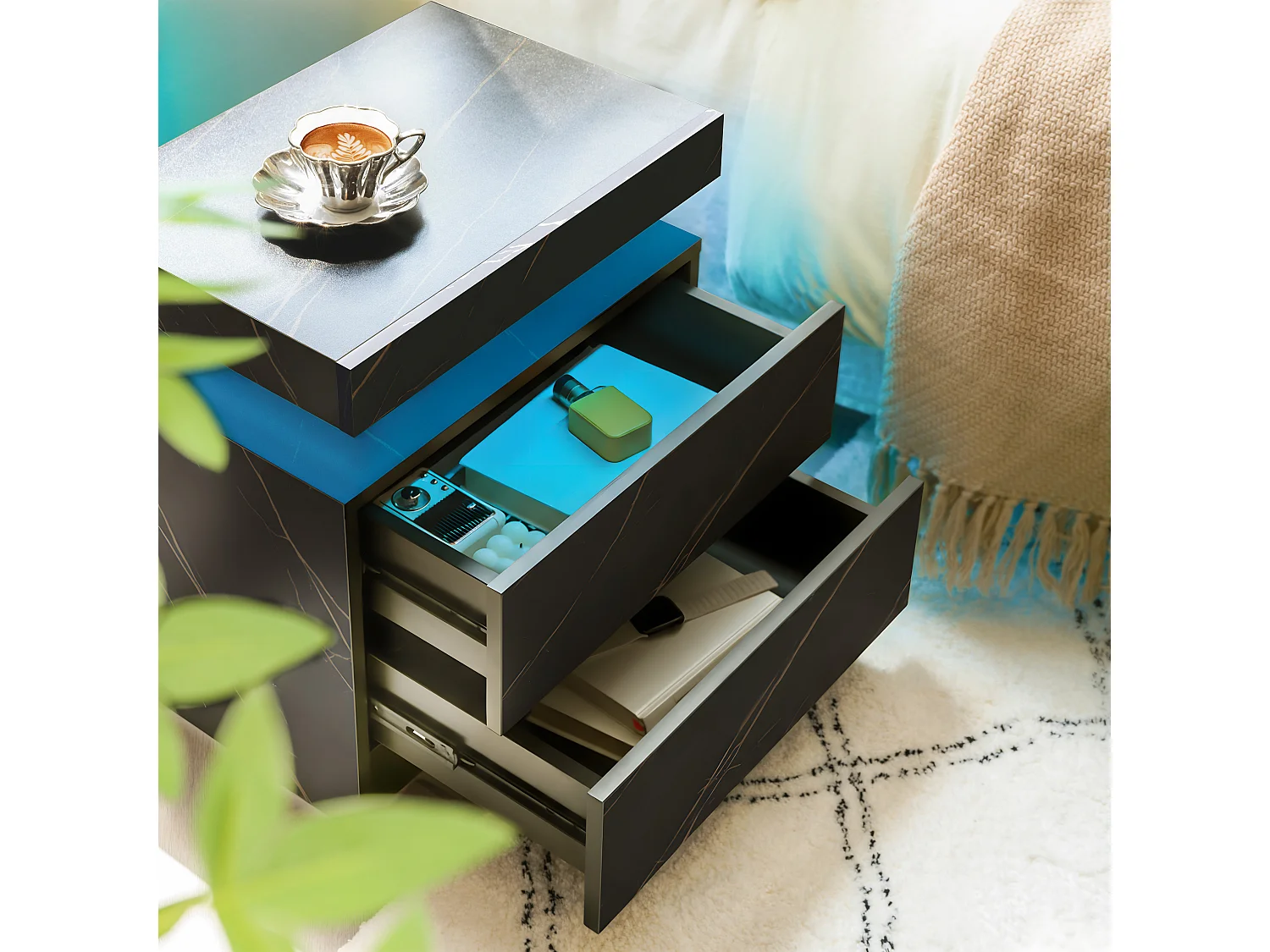 Table de chevet LED avec 2 tiroirs - Noir et doré en texture