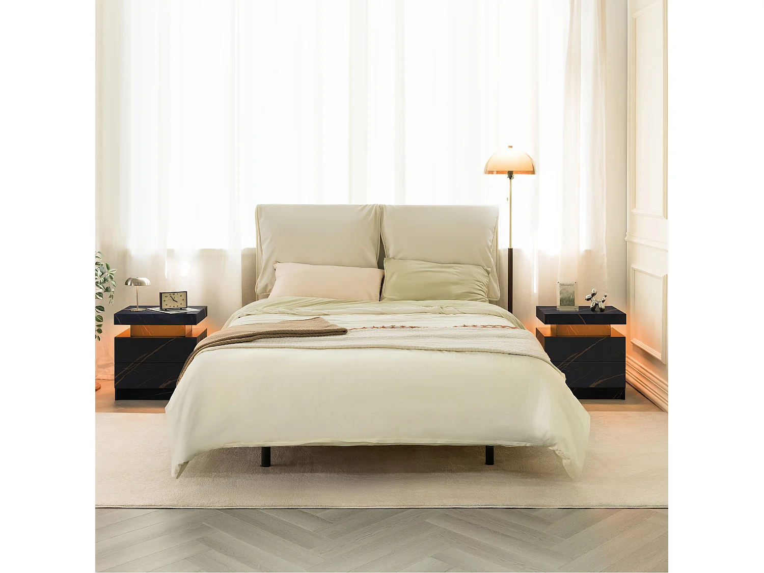 Table de chevet LED avec 2 tiroirs - Noir et doré en texture