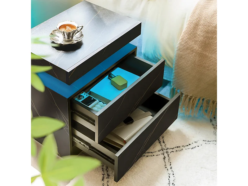 Table de chevet LED avec 2 tiroirs - Noir et doré en texture