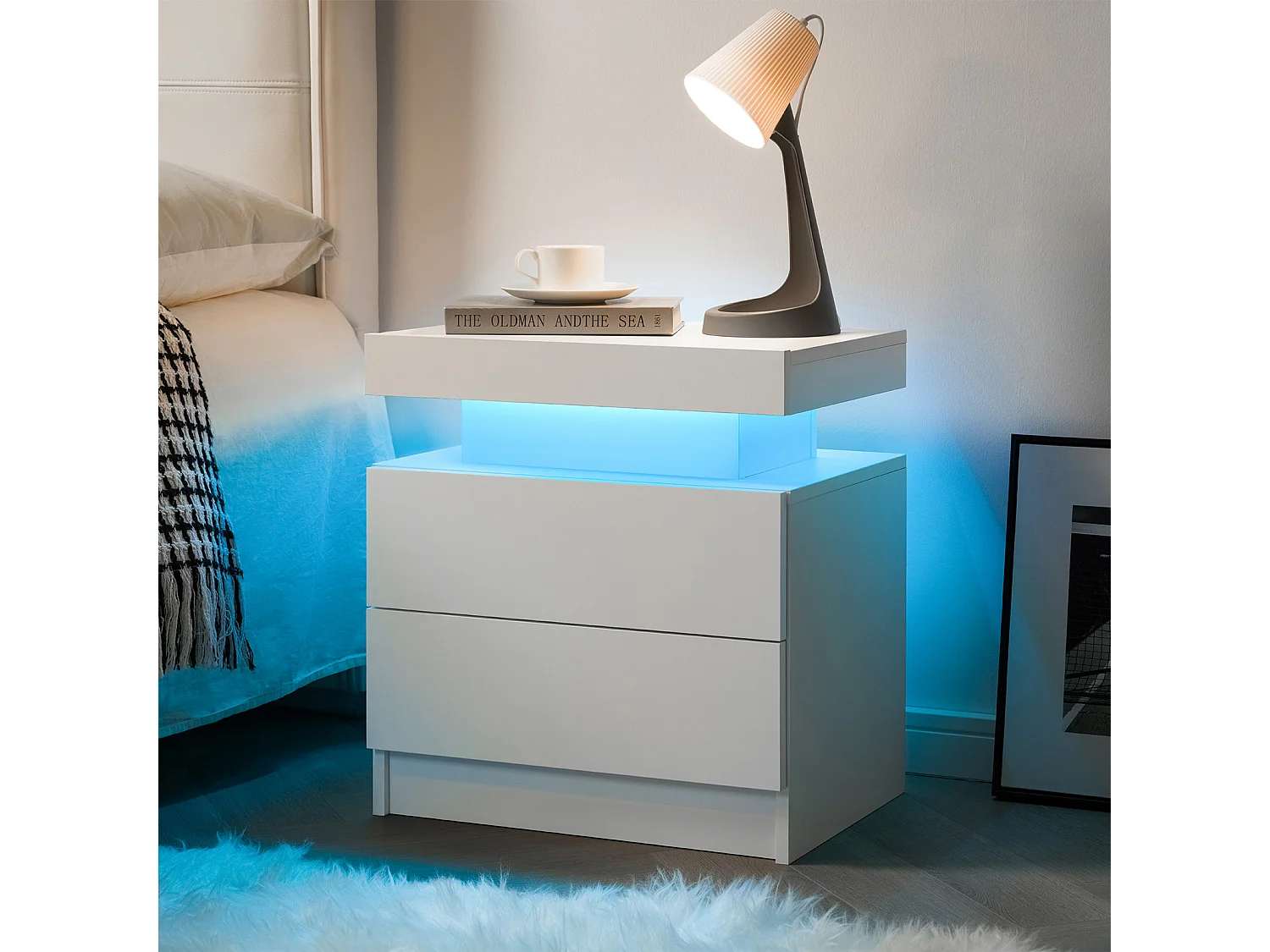 Table de chevet avec LED et 2 tiroirs - Blanc