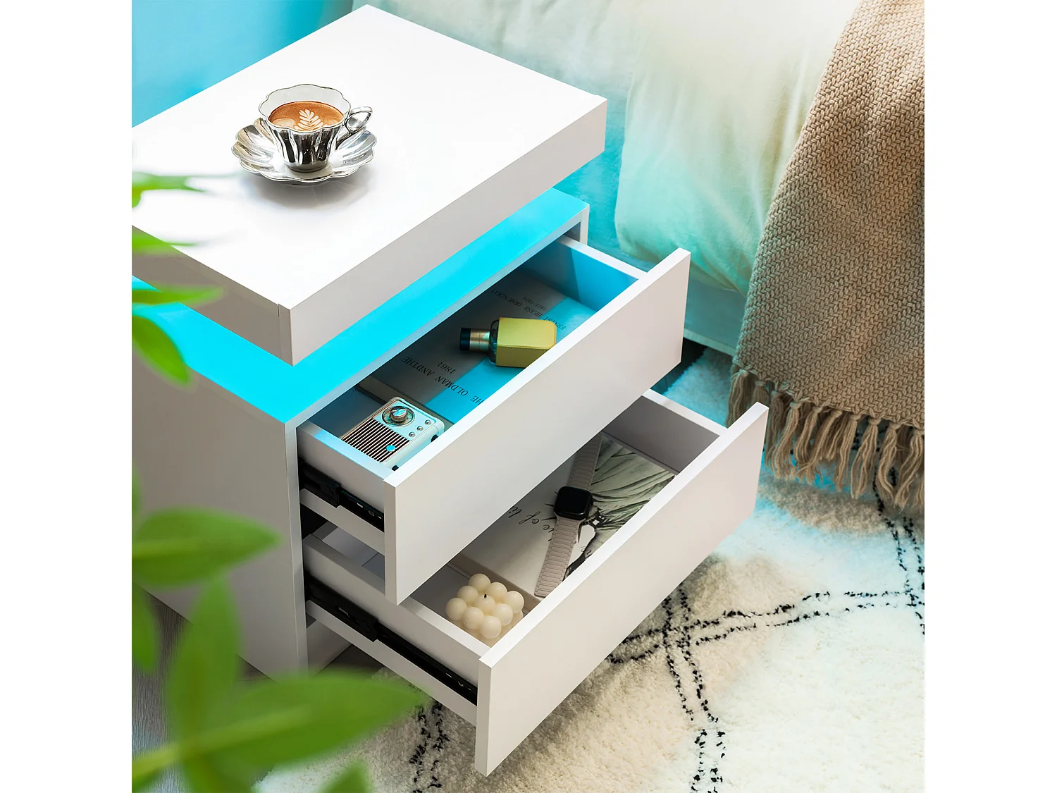 Table de chevet avec LED et 2 tiroirs - Blanc