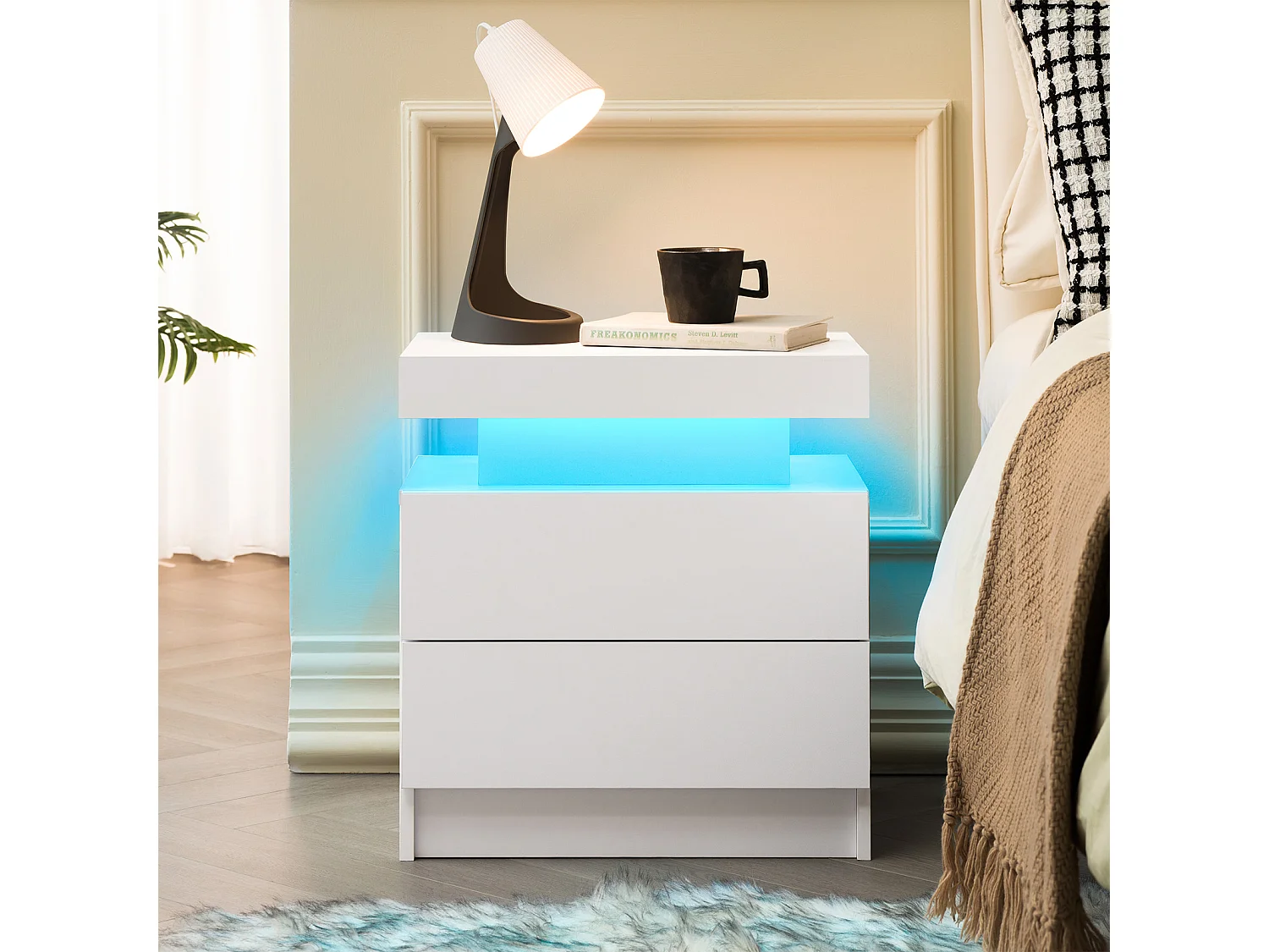 Table de chevet avec LED et 2 tiroirs - Blanc