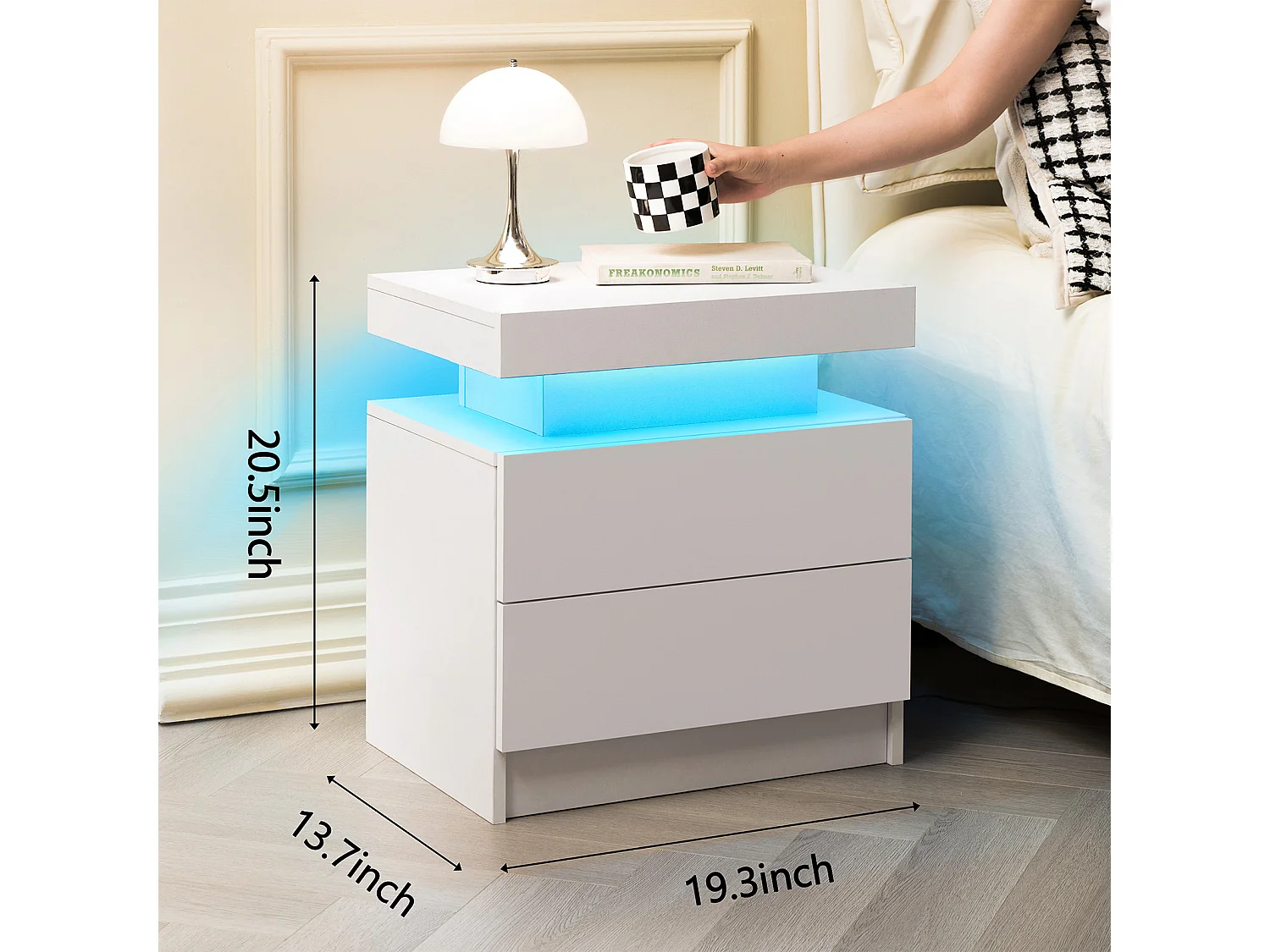 Table de chevet avec LED et 2 tiroirs - Blanc