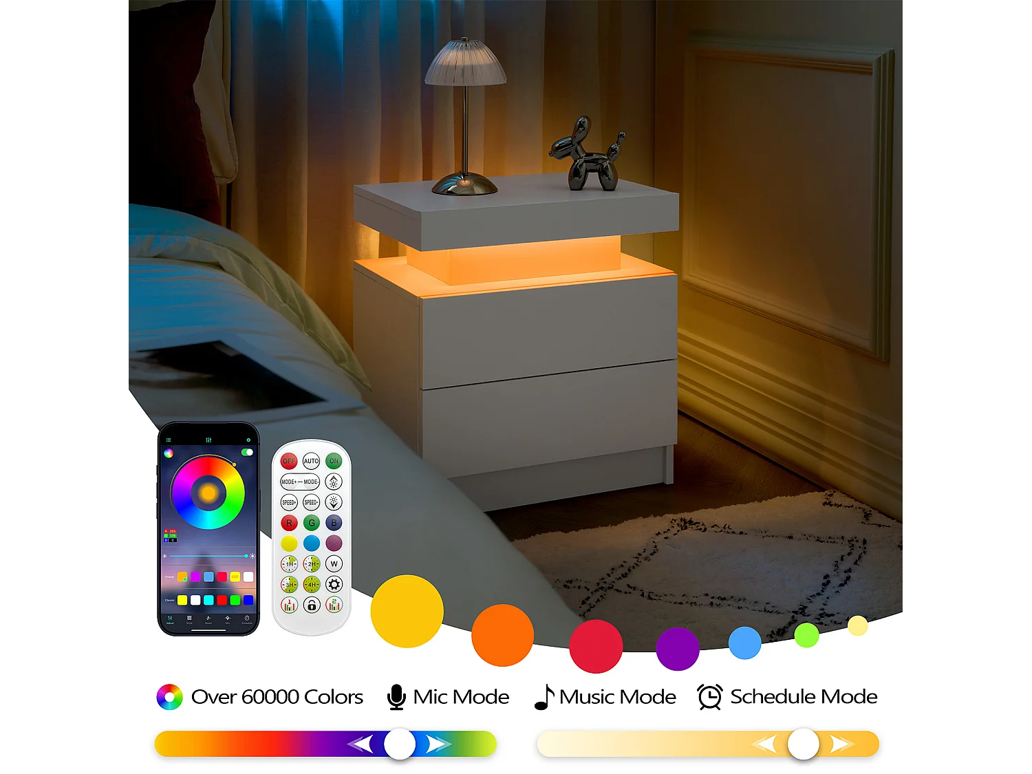 Table de chevet avec LED et 2 tiroirs - Blanc