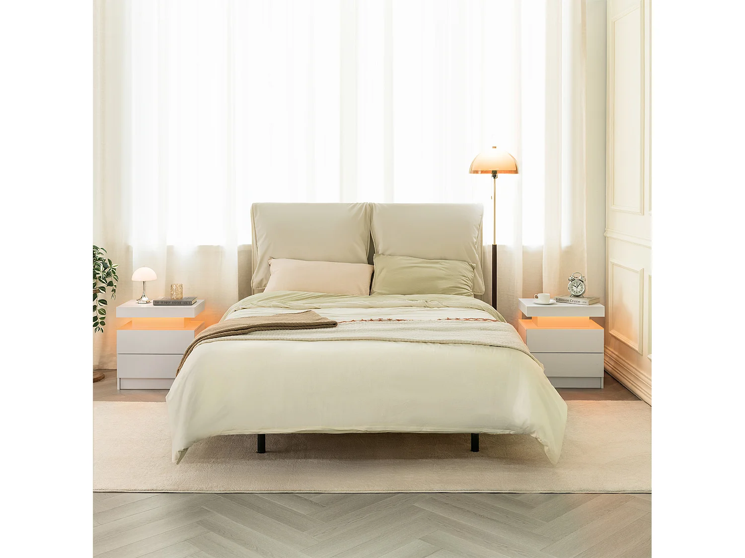 Table de chevet avec LED et 2 tiroirs - Blanc