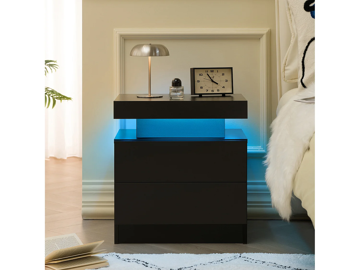Table de chevet avec LED et 2 tiroirs - Noir
