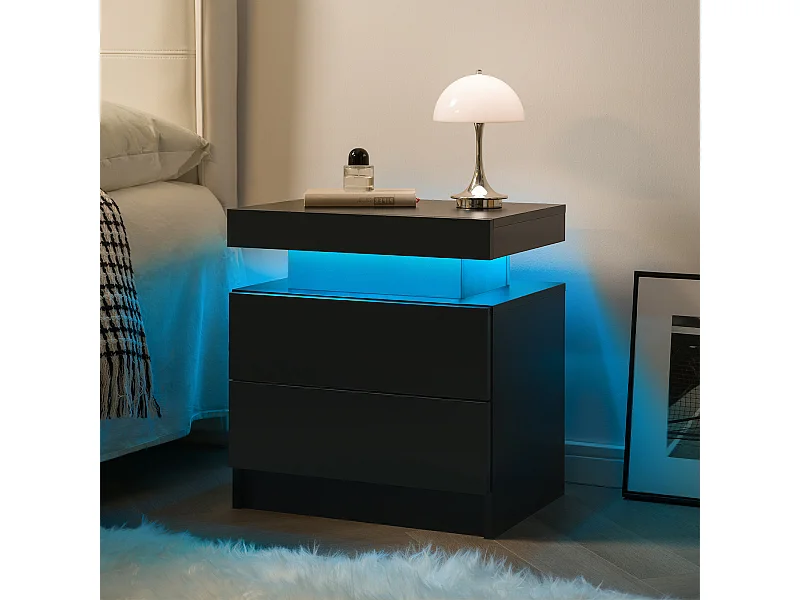 Table de chevet avec LED et 2 tiroirs - Noir