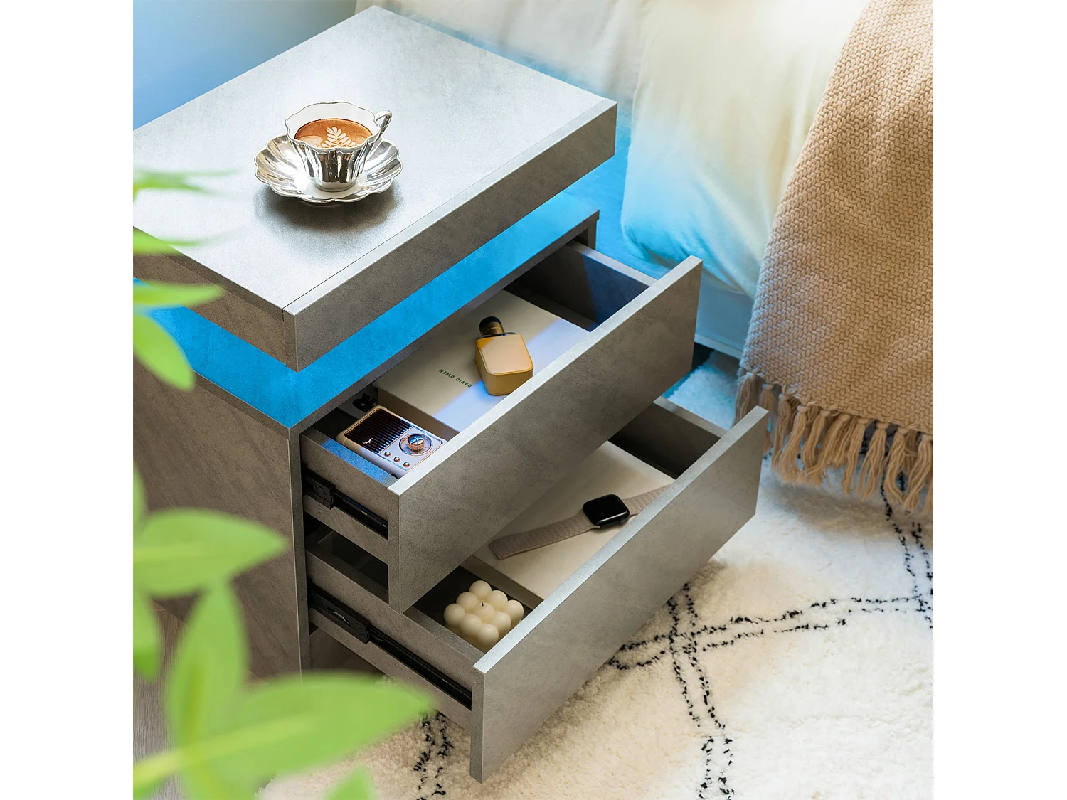 Table de chevet avec LED et 2 tiroirs - Gris foncé