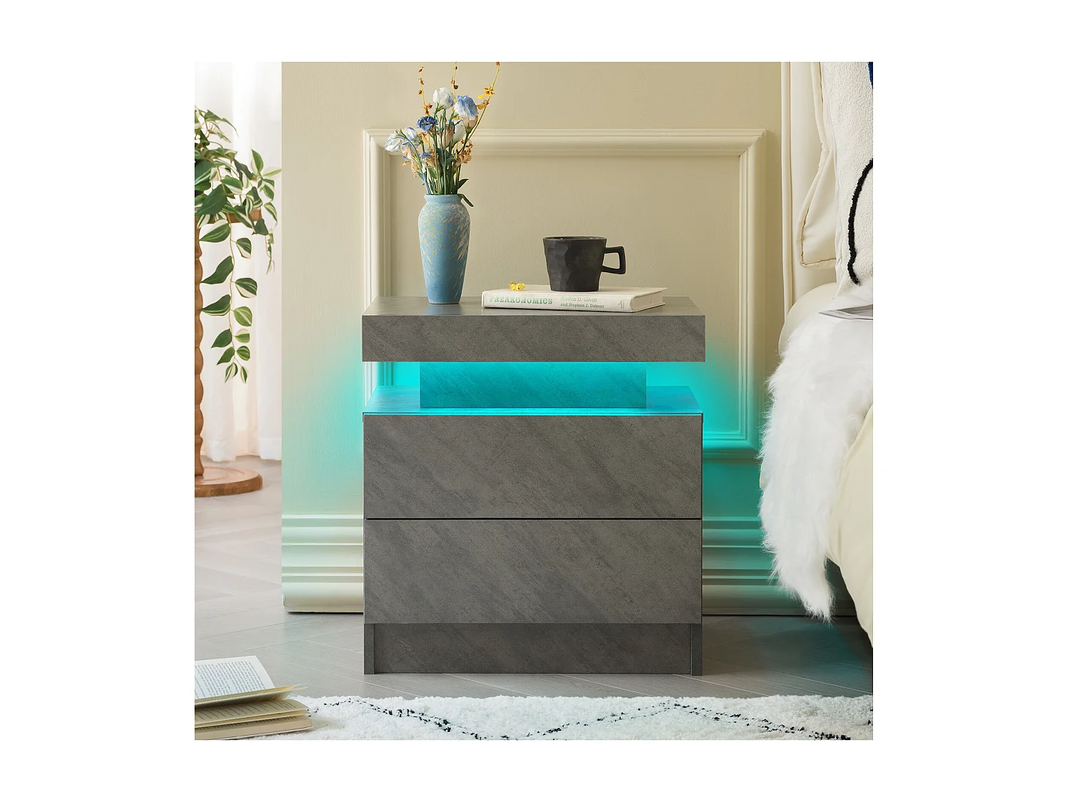 Table de chevet avec LED et 2 tiroirs - Gris foncé