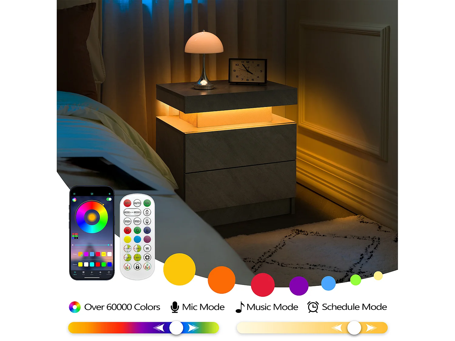 Table de chevet avec LED et 2 tiroirs - Gris foncé