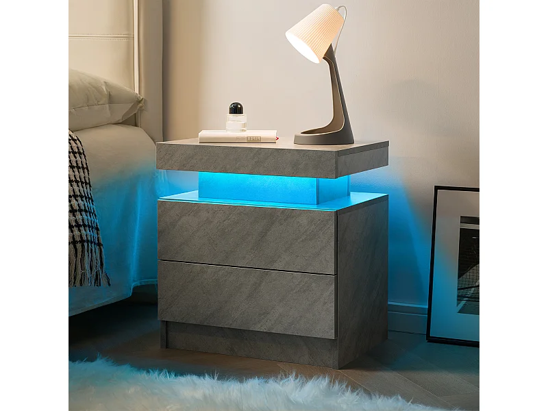 Table de chevet avec LED et 2 tiroirs - Gris foncé