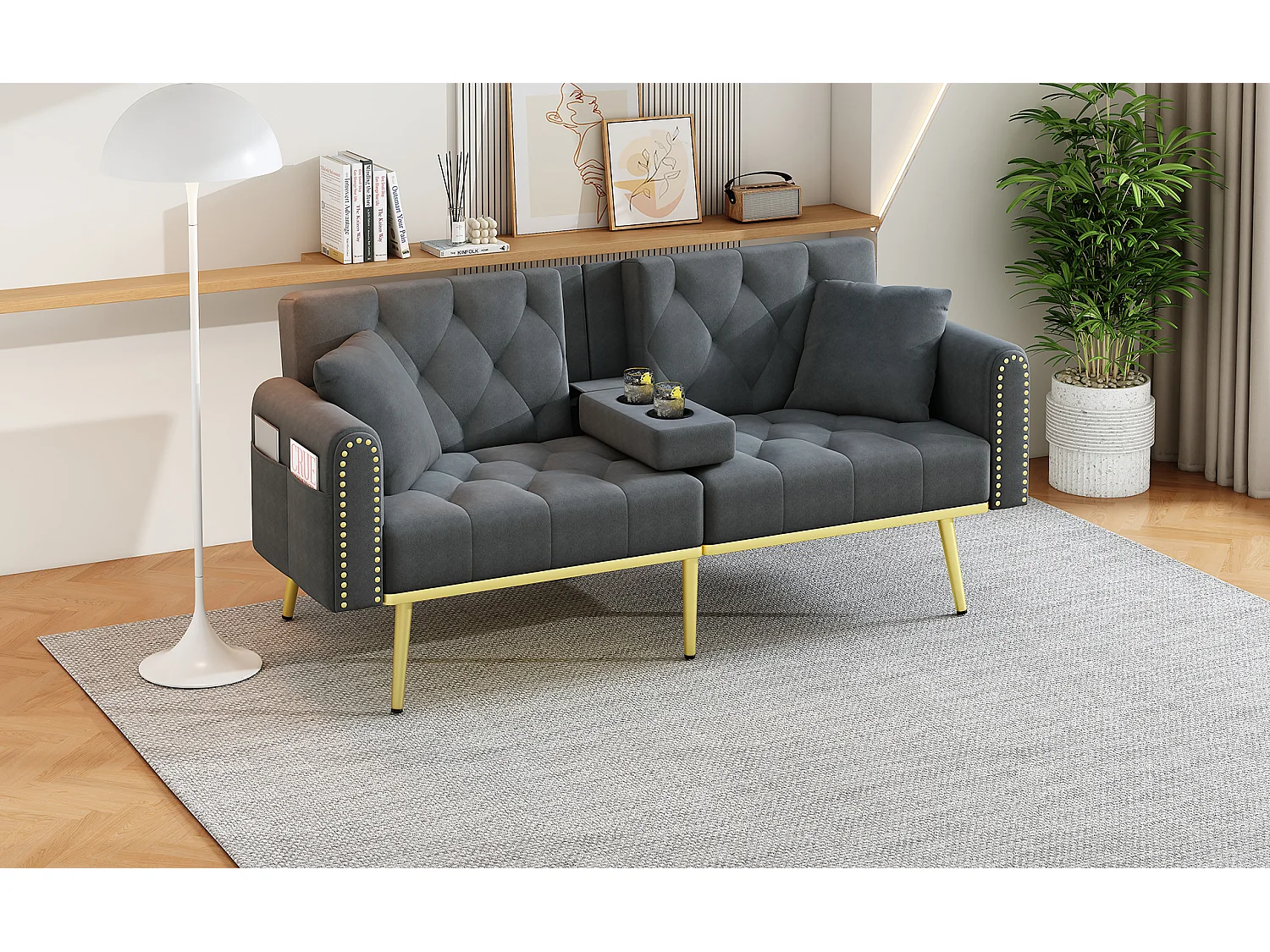 Canapé droit 2 places convertible - Porte-gobelet, 2 lombaire et poches latérales - Velours gris