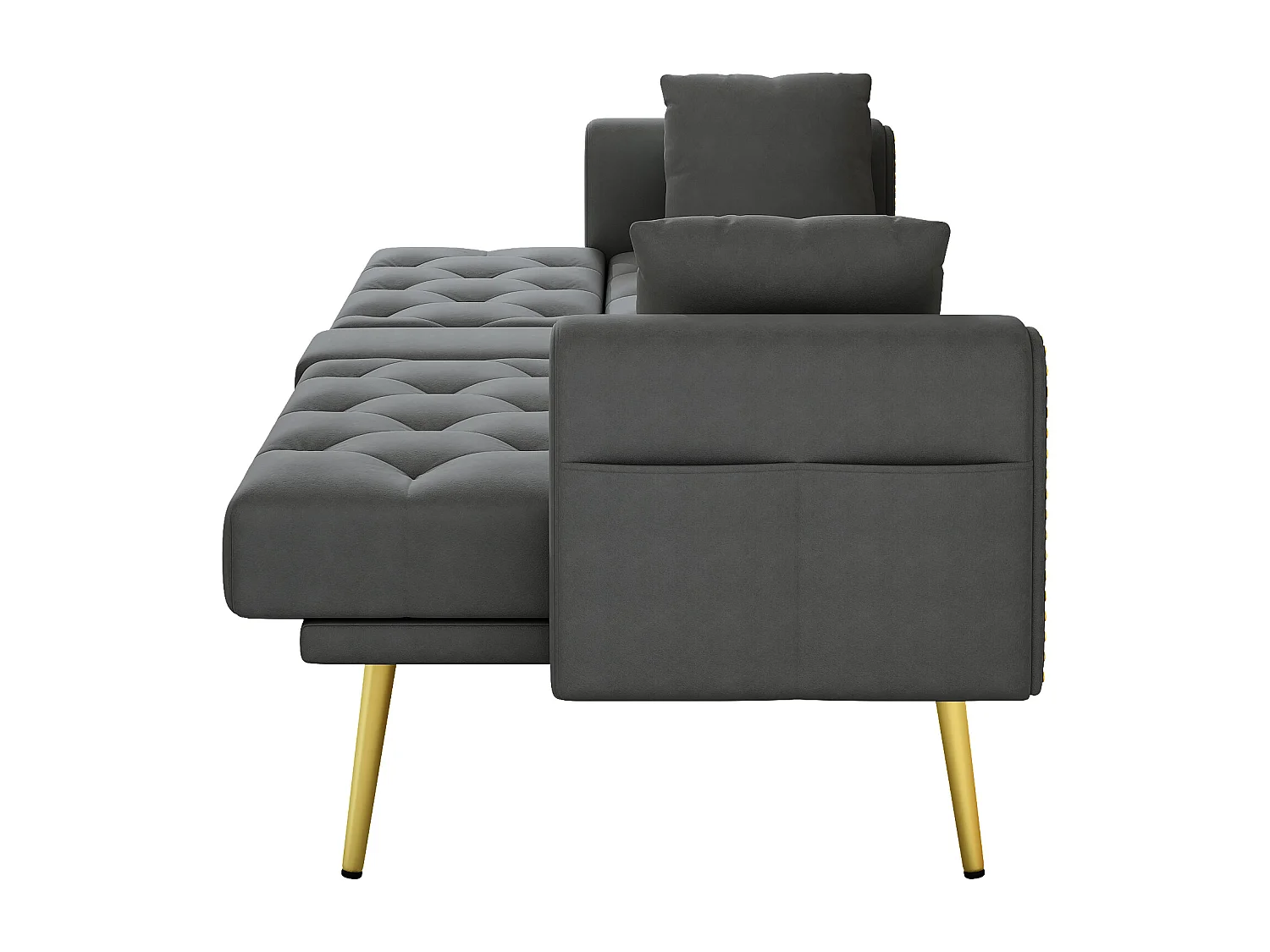 Canapé droit 2 places convertible - Porte-gobelet, 2 lombaire et poches latérales - Velours gris