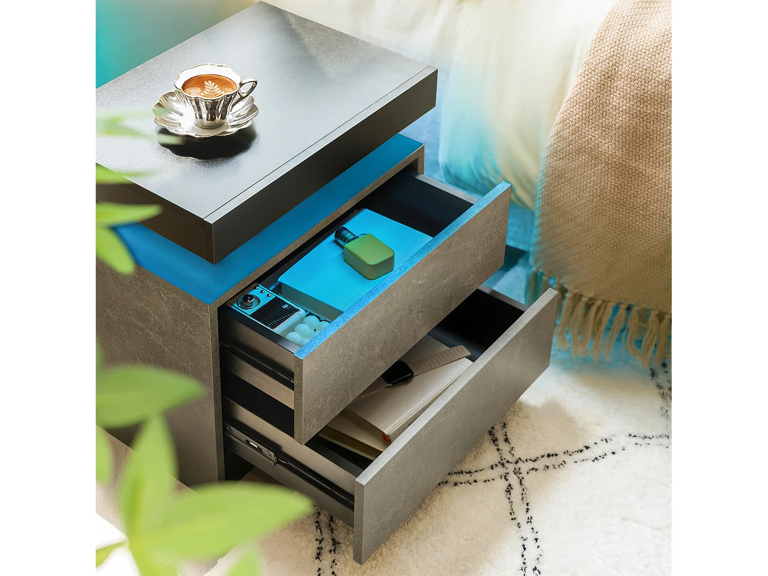 Table de chevet avec LED et 2 tiroirs - Plateau noir - Gris