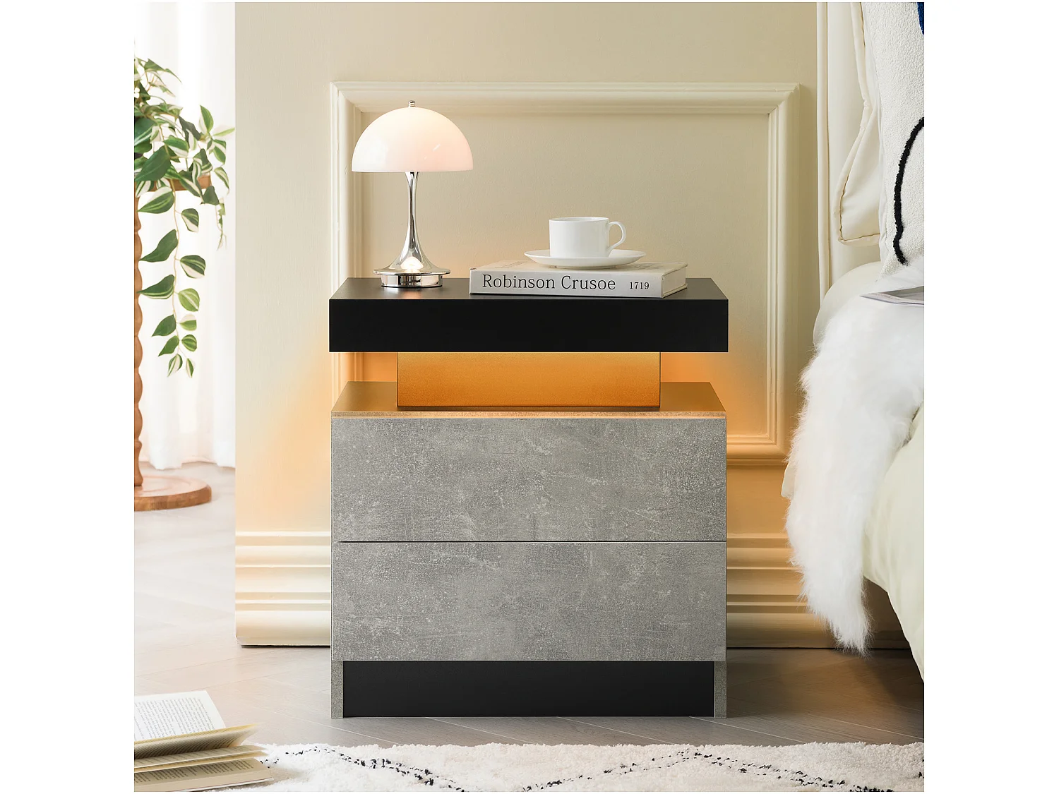 Table de chevet avec LED et 2 tiroirs - Plateau noir - Gris