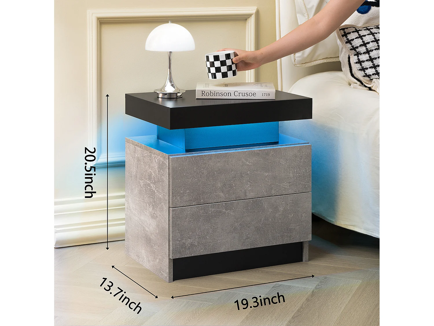 Table de chevet avec LED et 2 tiroirs - Plateau noir - Gris