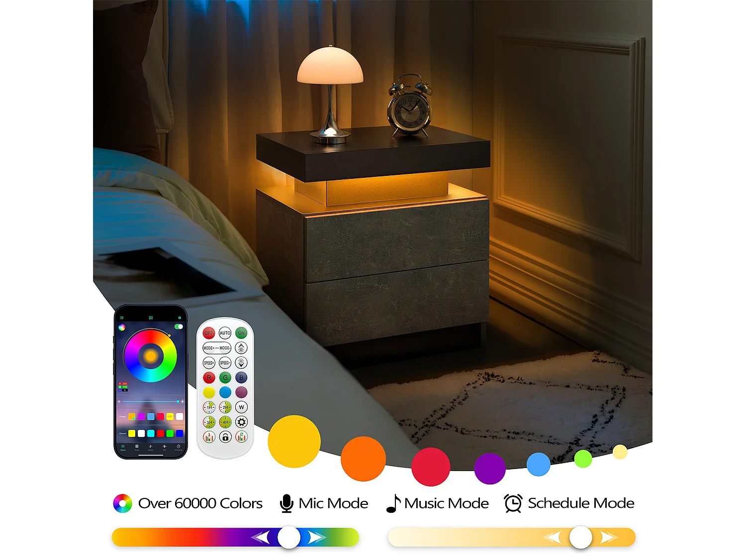 Table de chevet avec LED et 2 tiroirs - Plateau noir - Gris