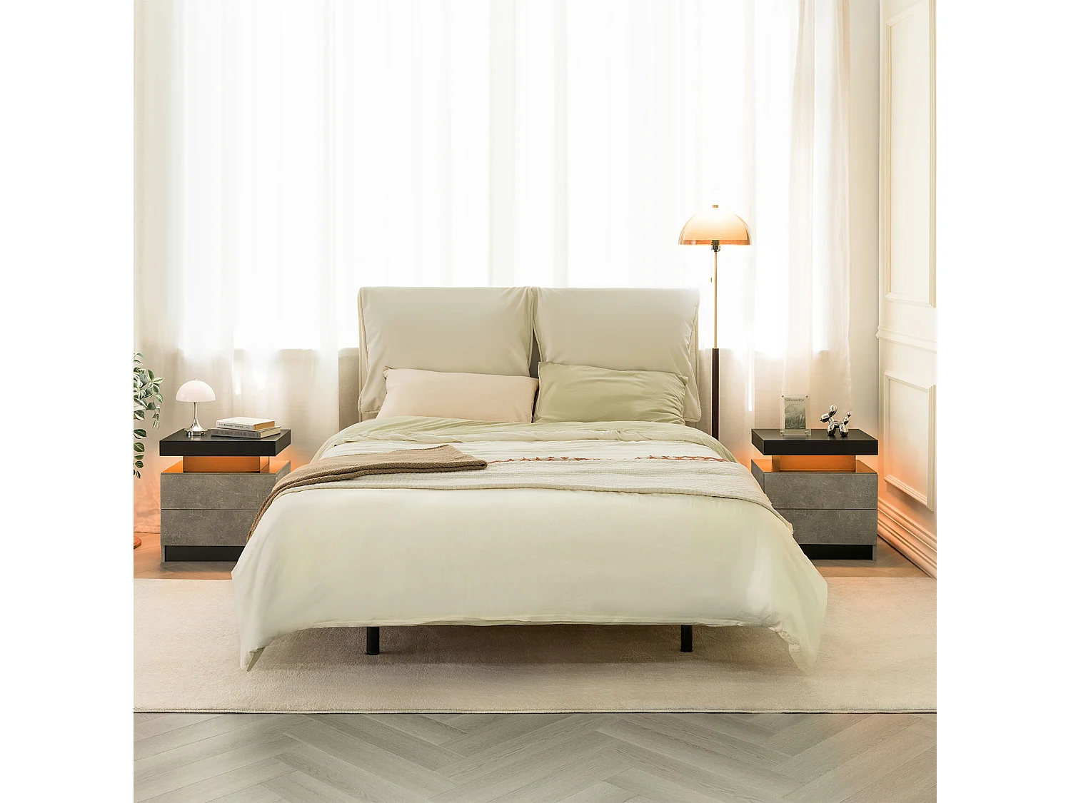 Table de chevet avec LED et 2 tiroirs - Plateau noir - Gris