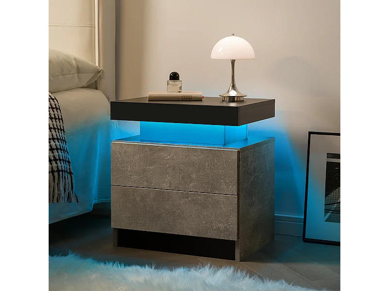 Table de chevet avec LED et 2 tiroirs - Plateau noir - Gris