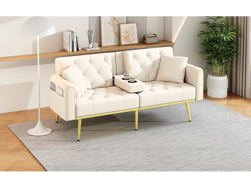 Canapé droit 2 places convertible - Porte-gobelet, 2 lombaire et poches latérales - Velours beige