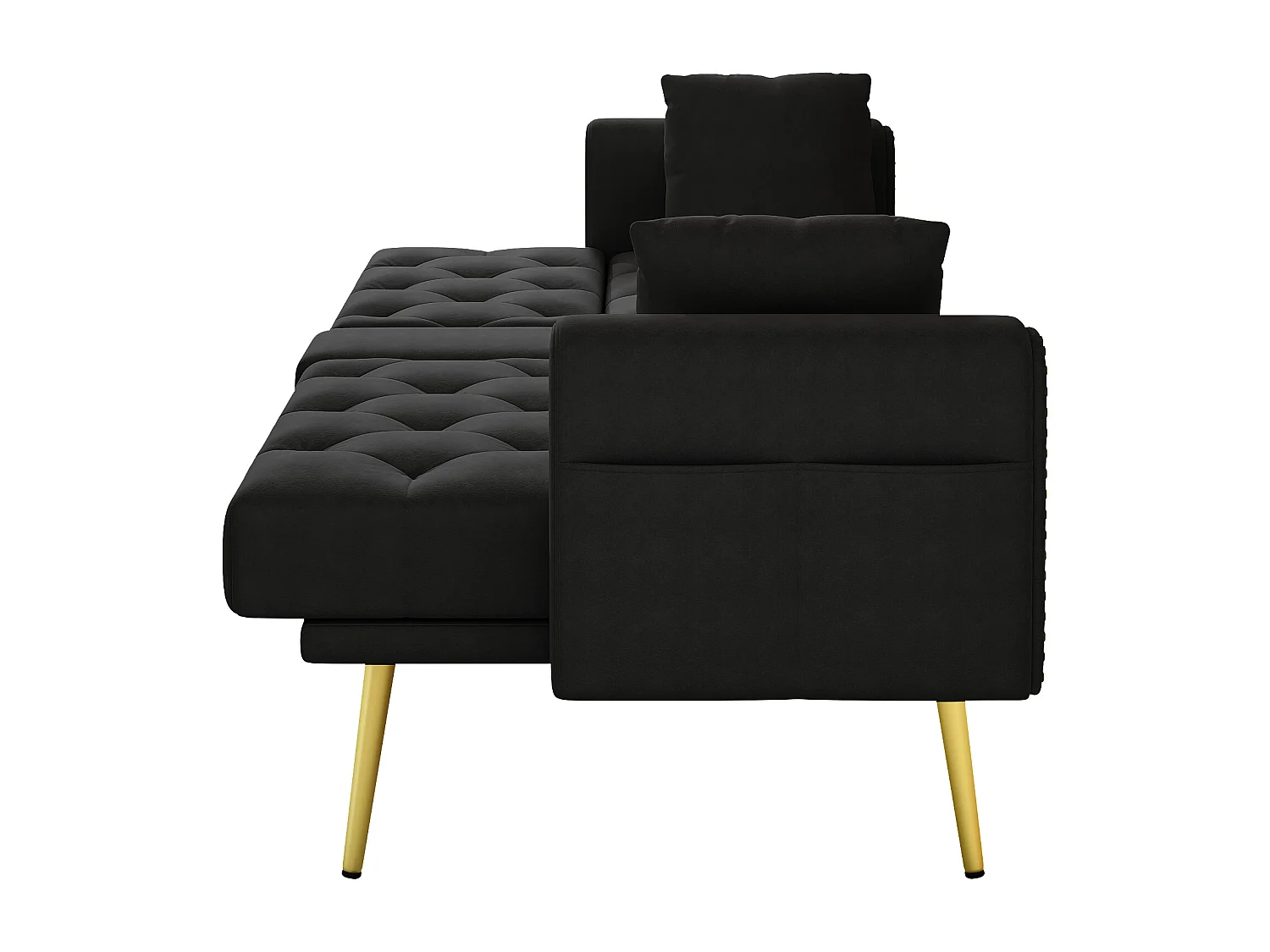 Canapé droit 2 places convertible - Porte-gobelet, 2 lombaire et poches latérales - Velours noir