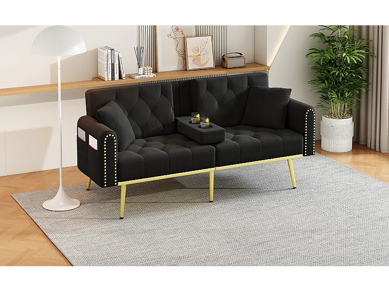 Canapé droit 2 places convertible - Porte-gobelet, 2 lombaire et poches latérales - Velours noir