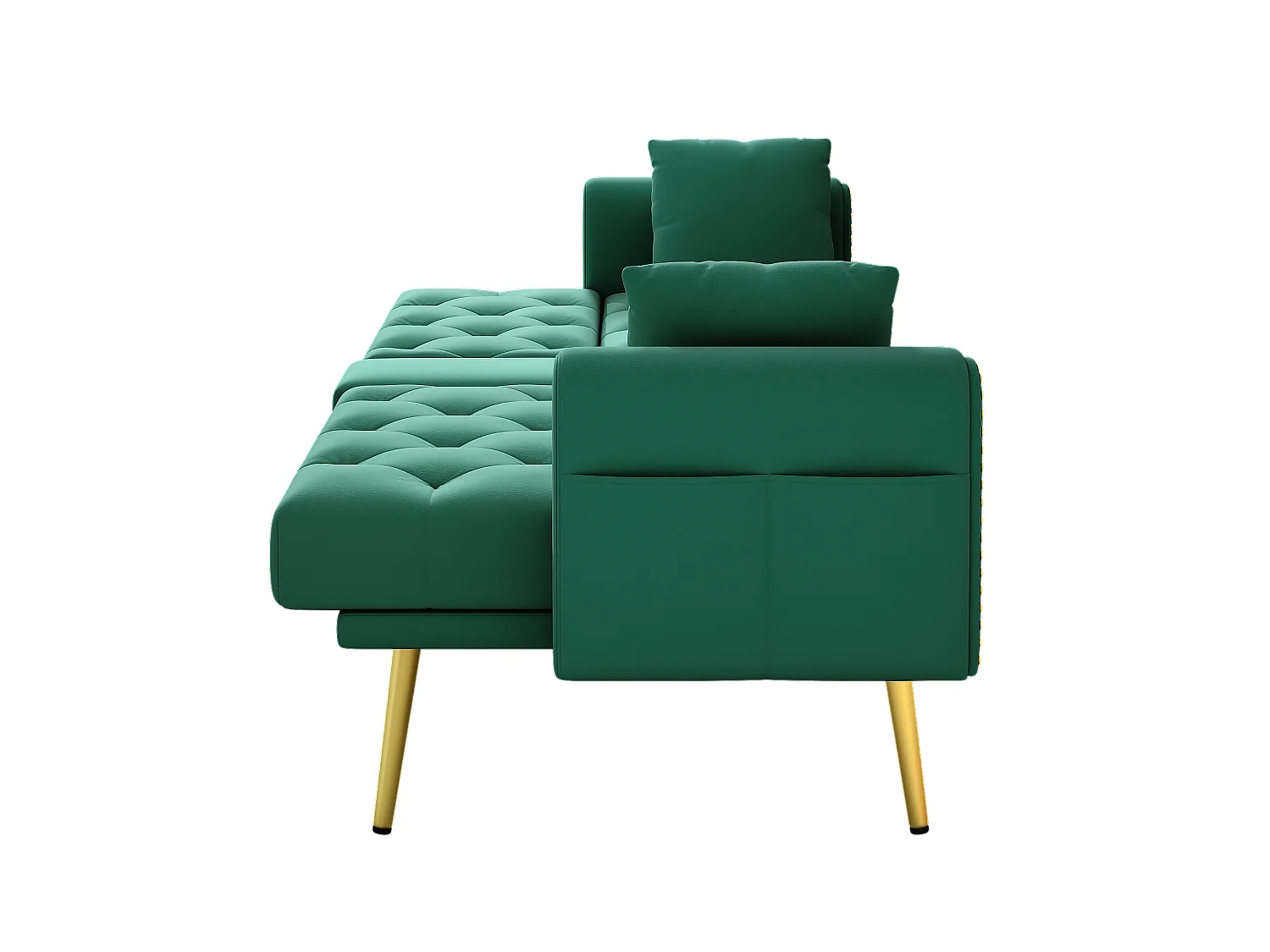 Canapé droit 2 places convertible - Porte-gobelet, 2 lombaire et poches latérales - Velours vert