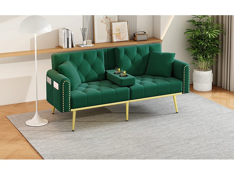 Canapé droit 2 places convertible - Porte-gobelet, 2 lombaire et poches latérales - Velours vert