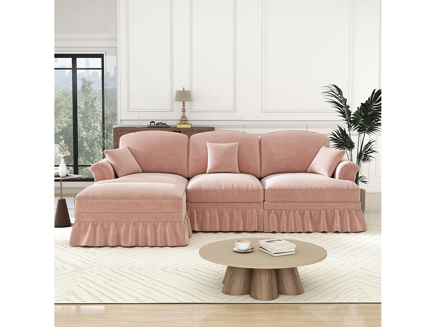 Canapé 3 places rose avec soutien lombaire - Repose-pieds mobile - Tissu chenille