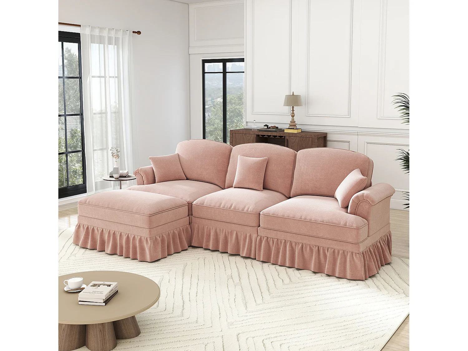 Canapé 3 places rose avec soutien lombaire - Repose-pieds mobile - Tissu chenille