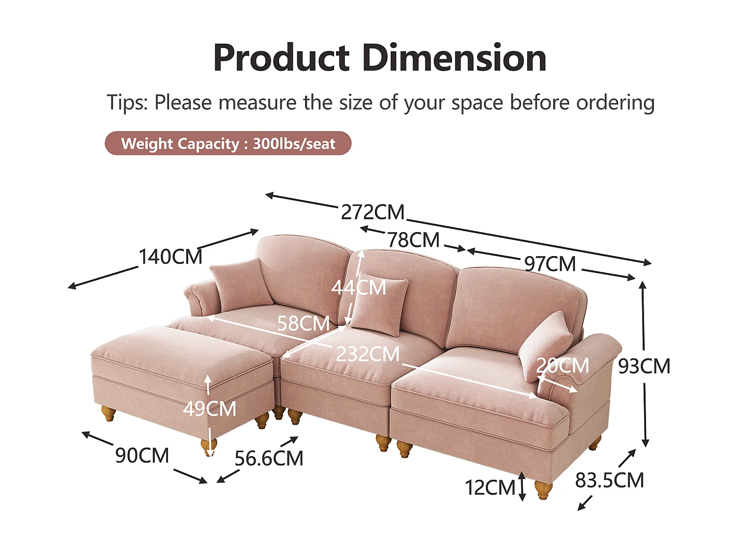 Canapé 3 places rose avec soutien lombaire - Repose-pieds mobile - Tissu chenille