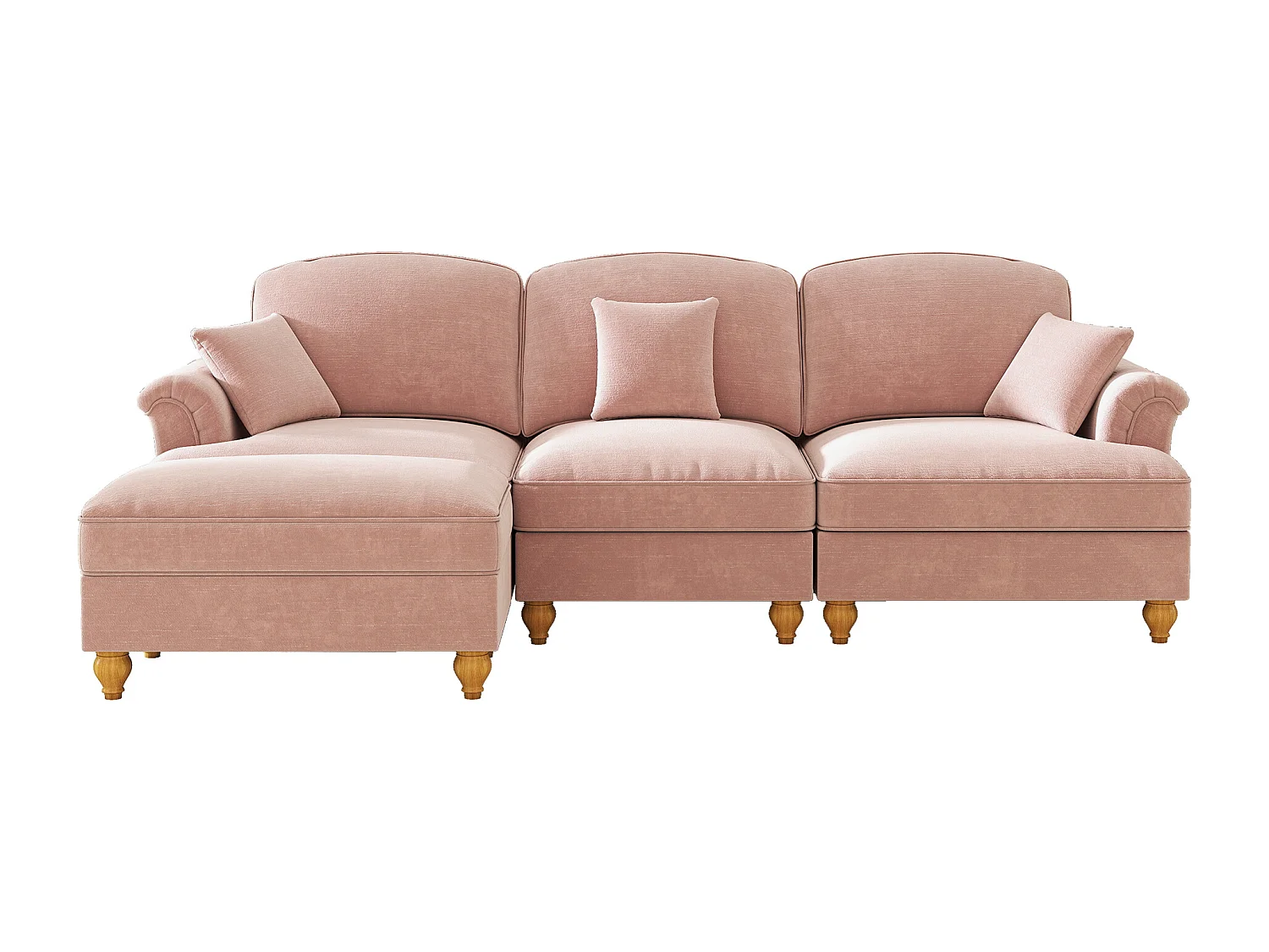 Canapé 3 places rose avec soutien lombaire - Repose-pieds mobile - Tissu chenille