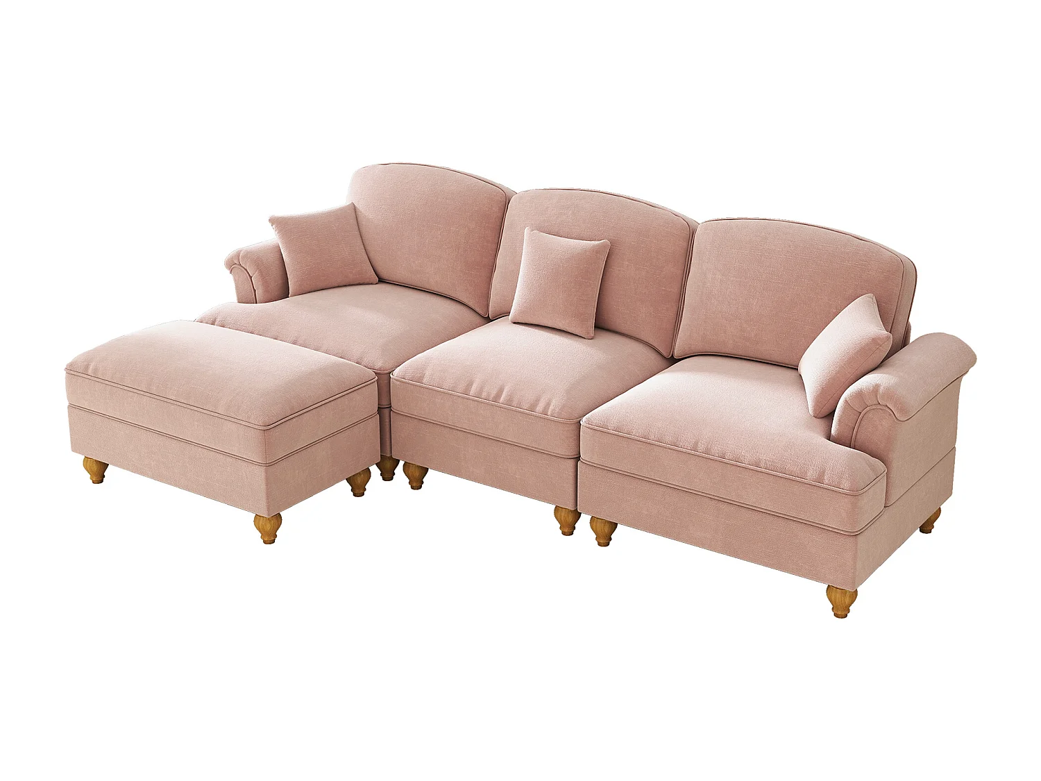 Canapé 3 places rose avec soutien lombaire - Repose-pieds mobile - Tissu chenille