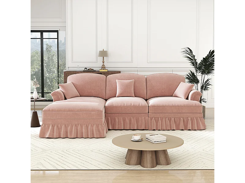 Canapé 3 places rose avec soutien lombaire - Repose-pieds mobile - Tissu chenille