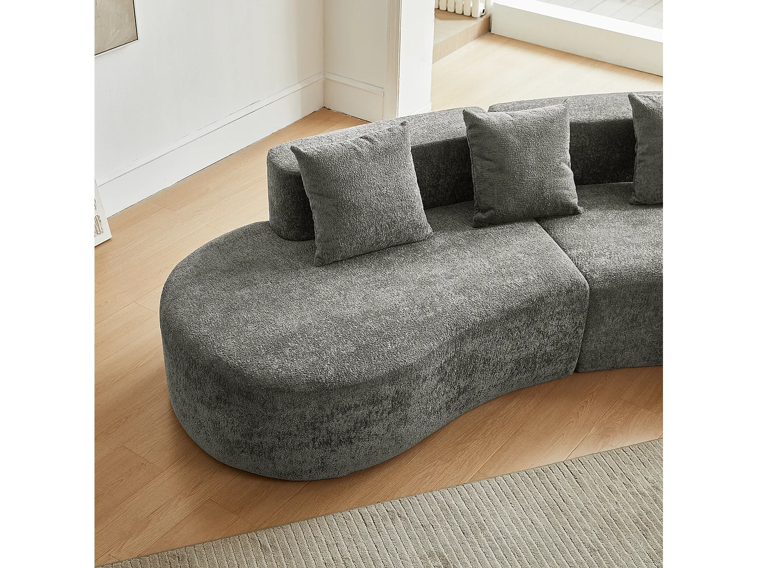 Canapé d'angle 3 places avec coussins - Design incurvé - Tissu velours gris