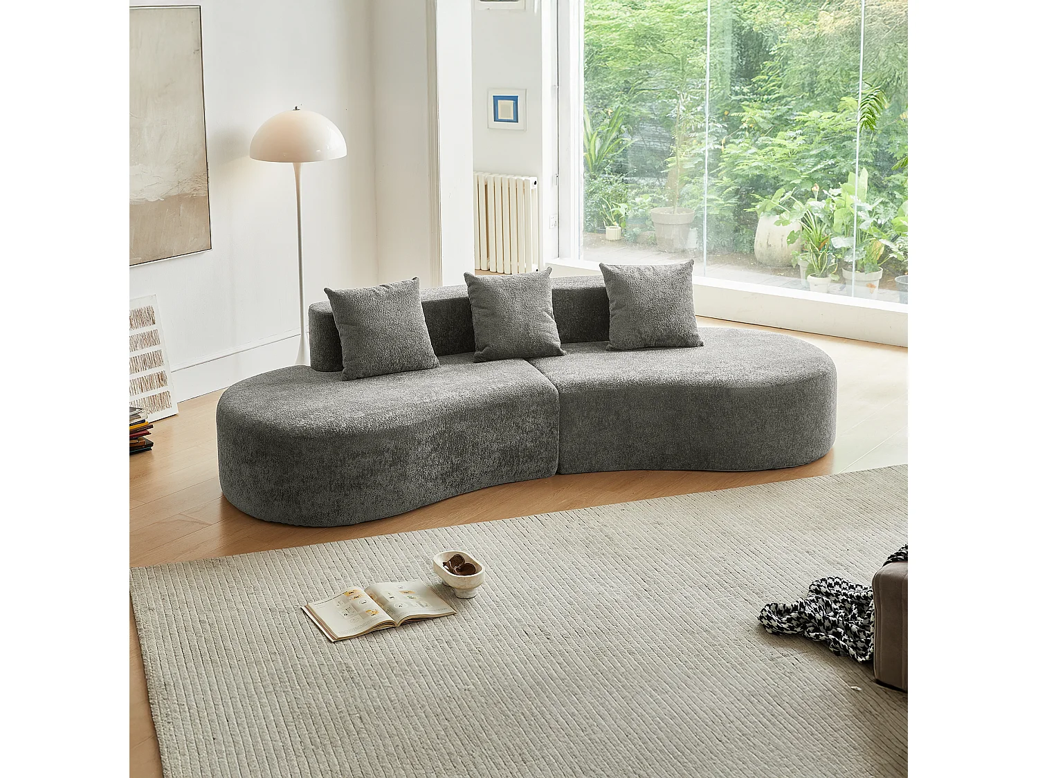 Canapé d'angle 3 places avec coussins - Design incurvé - Tissu velours gris