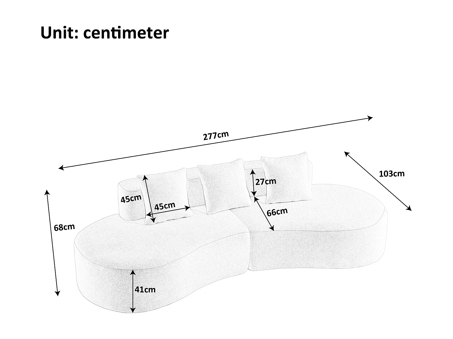 Canapé d'angle 3 places avec coussins - Design incurvé - Tissu velours gris