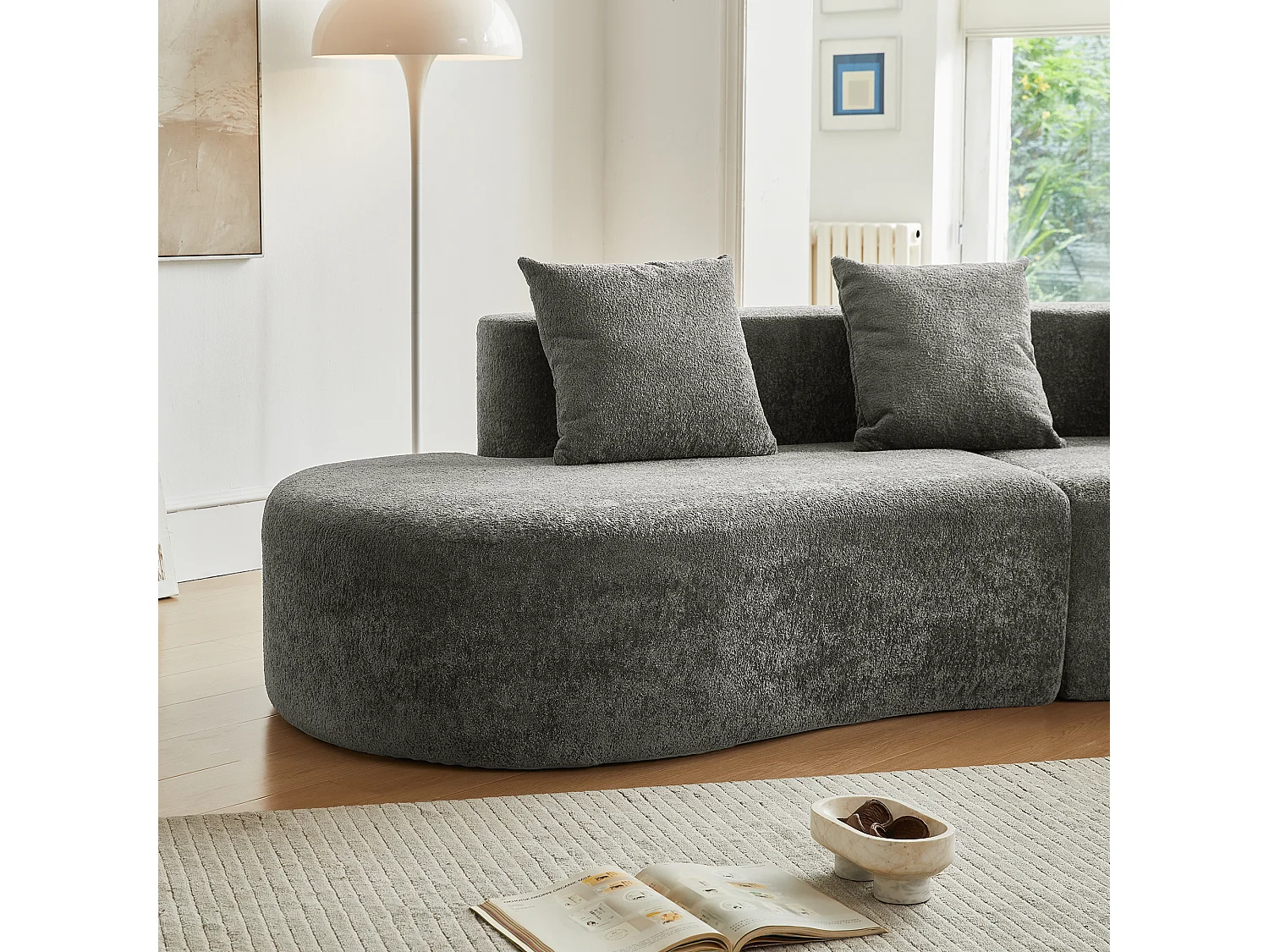 Canapé d'angle 3 places avec coussins - Design incurvé - Tissu velours gris