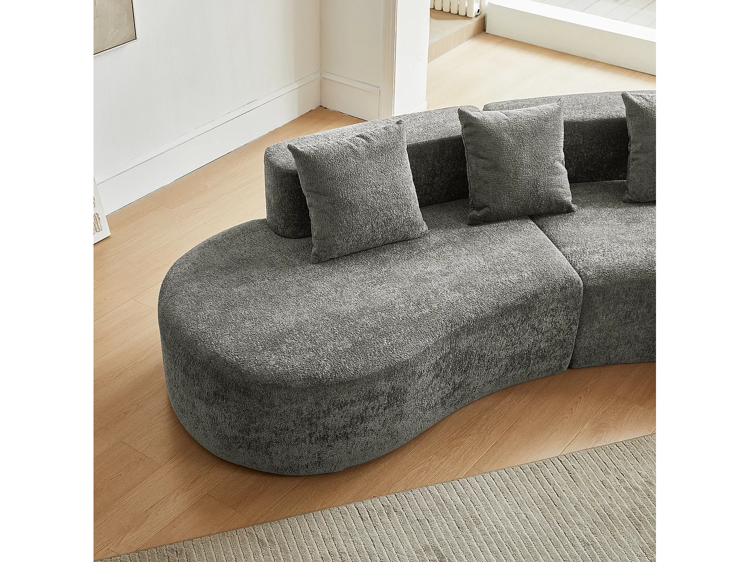 Divano angolare a 3 posti con cuscini - Design curvo - Tessuto in velluto grigio