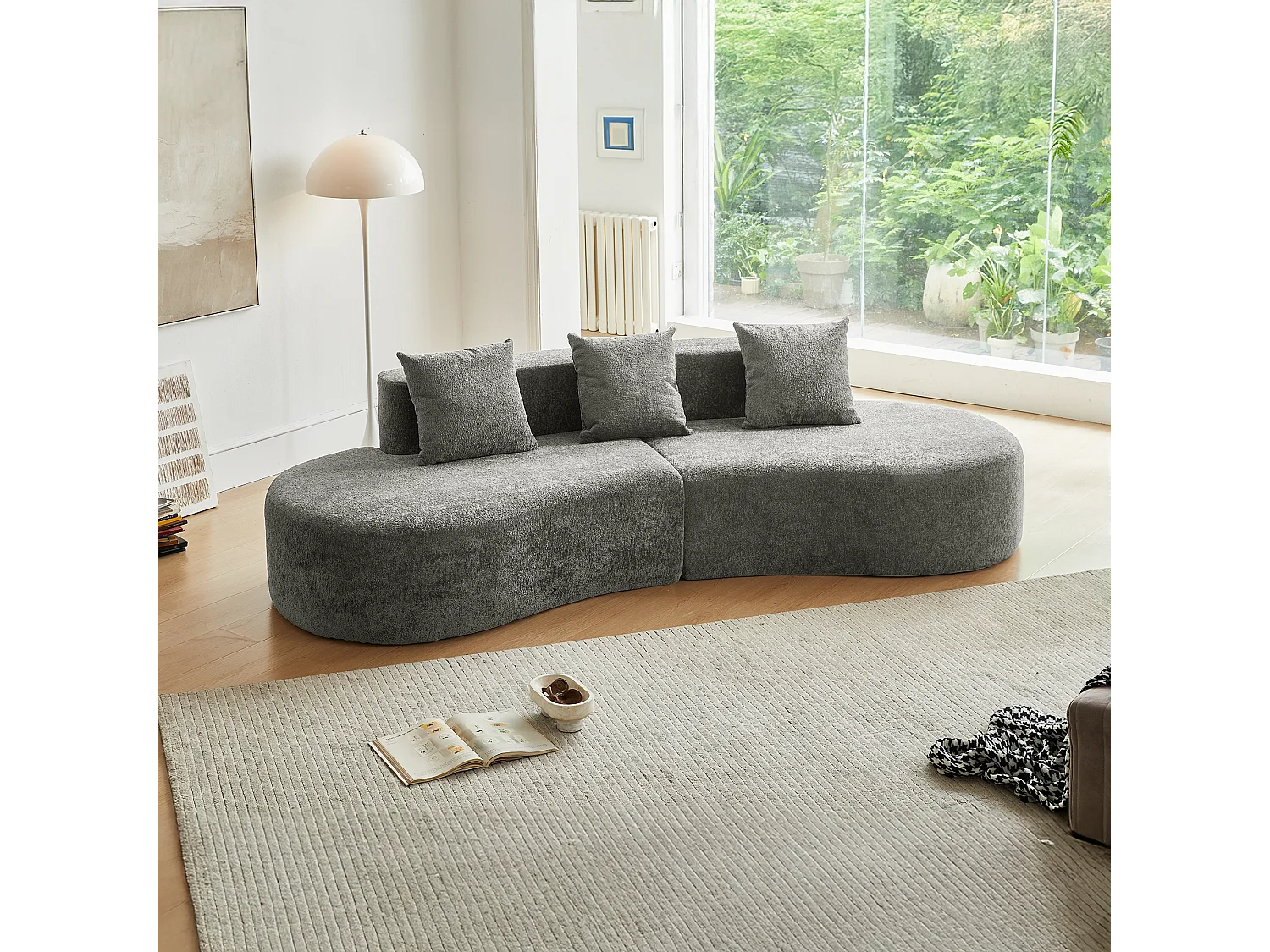 Divano angolare a 3 posti con cuscini - Design curvo - Tessuto in velluto grigio