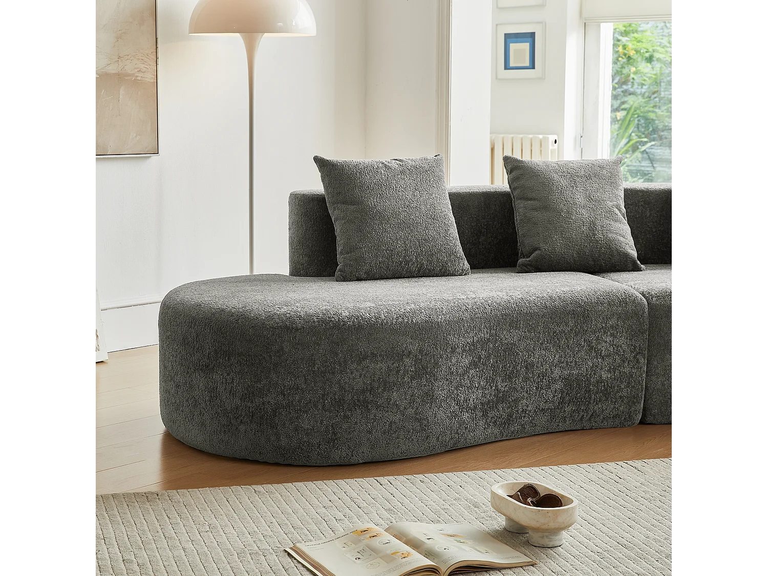 Divano angolare a 3 posti con cuscini - Design curvo - Tessuto in velluto grigio