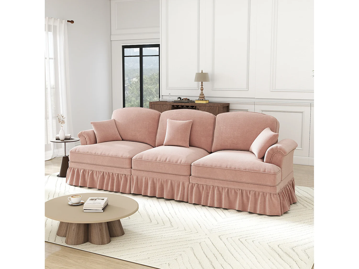 Canapé 3 places en tissu chenille rose - Avec soutien lombaire et jupe plissée amovible