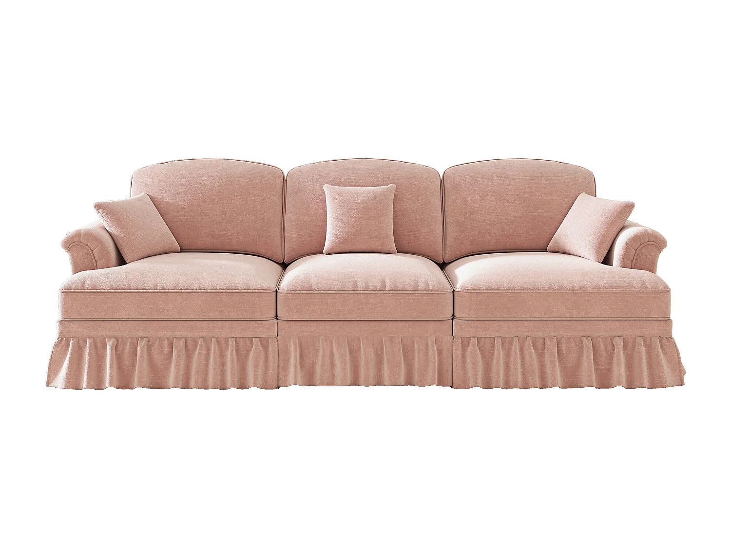 Canapé 3 places en tissu chenille rose - Avec soutien lombaire et jupe plissée amovible