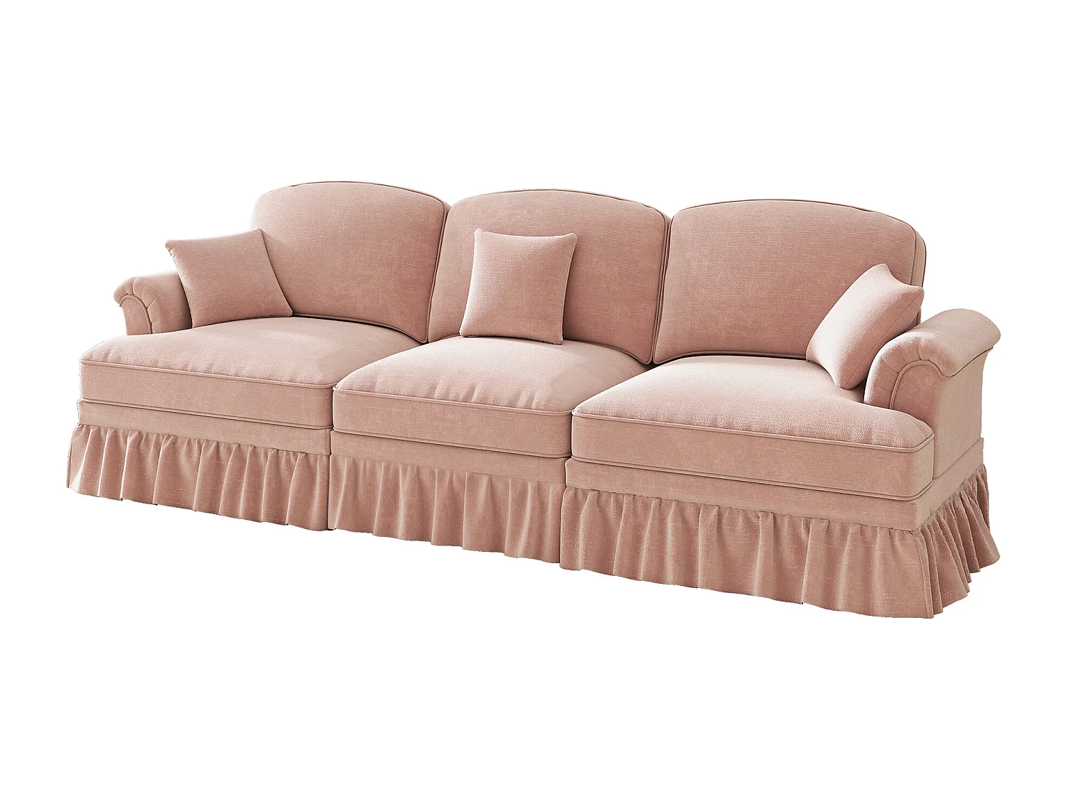 Canapé 3 places en tissu chenille rose - Avec soutien lombaire et jupe plissée amovible