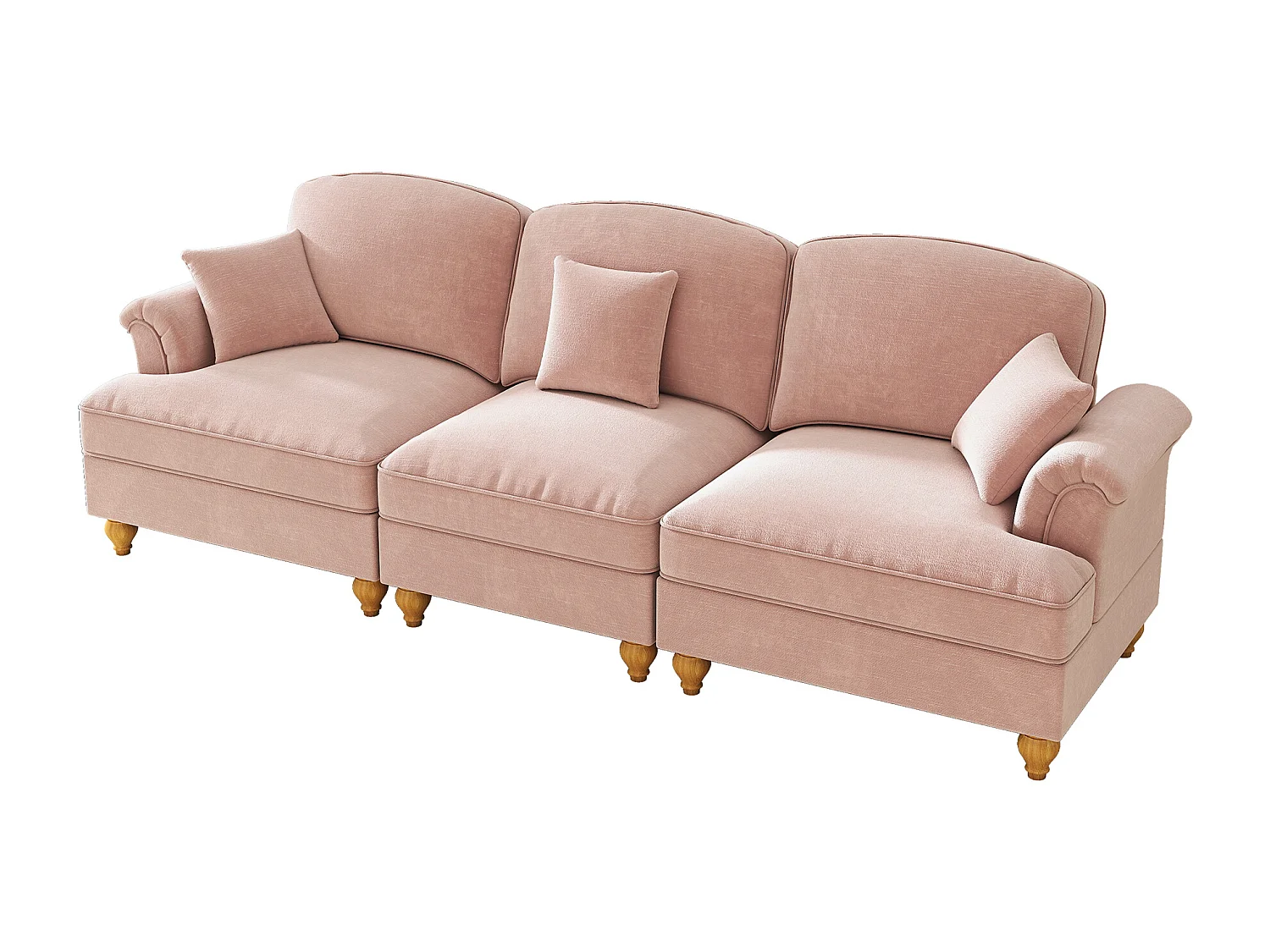 Canapé 3 places en tissu chenille rose - Avec soutien lombaire et jupe plissée amovible